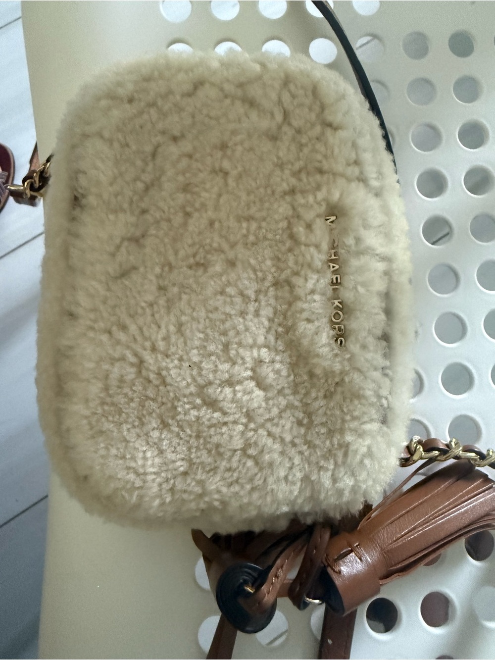Michael Kors Cream Shearling Crossbody with Brown Leather Tassel